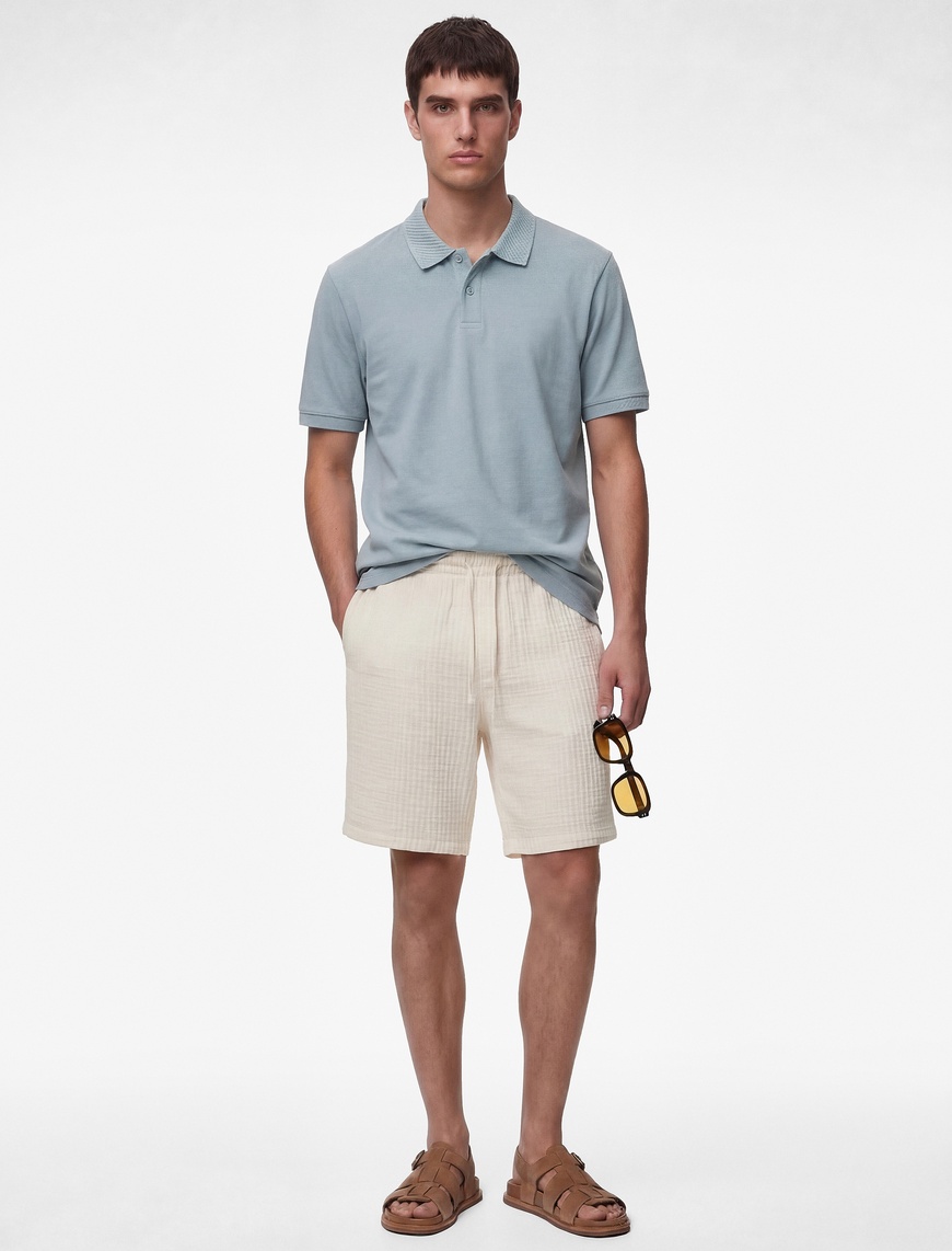 كوتون — تيشيرت بولو قماش بيكيه قطن 100% قصة Slim Fit للرجال (أزرق)