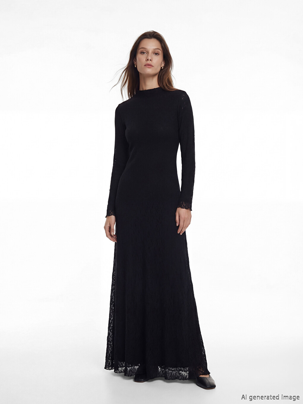 LCW Modest A-Line Long Lace Dress – Black
