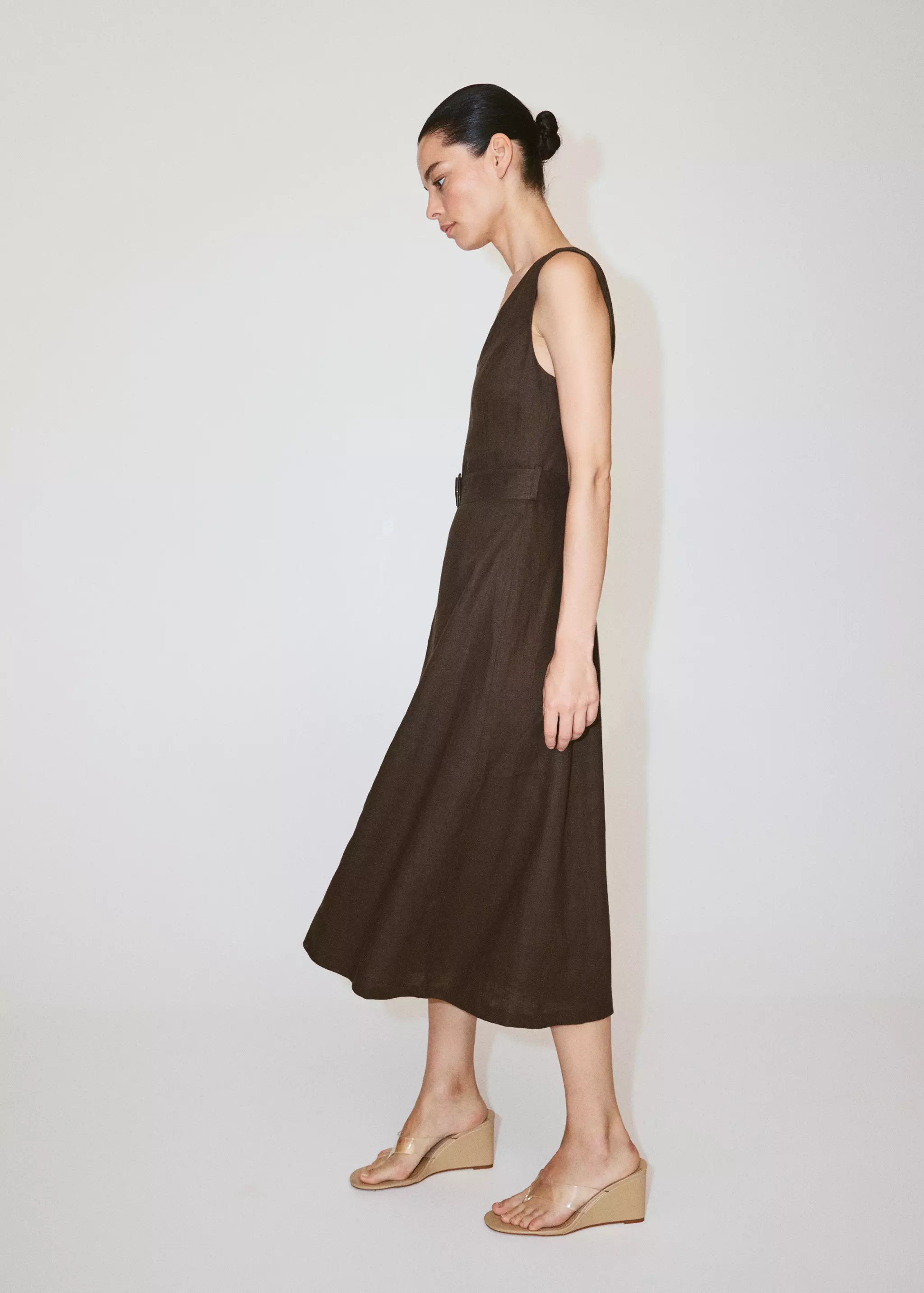 Mango Belted Linen Midi Dress - Chocolate