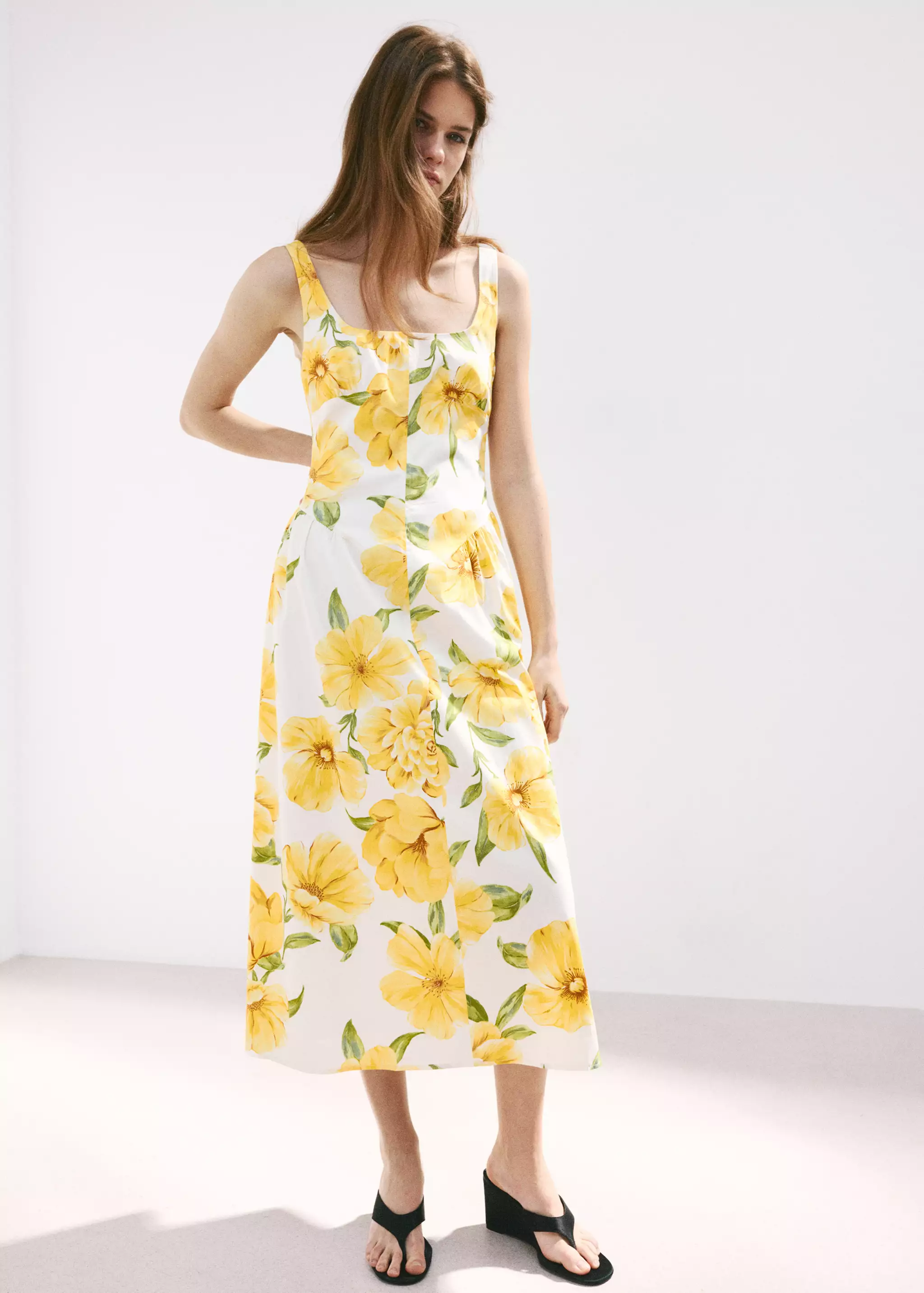 Mango Floral Waist-Ruched Midi Dress - Yellow