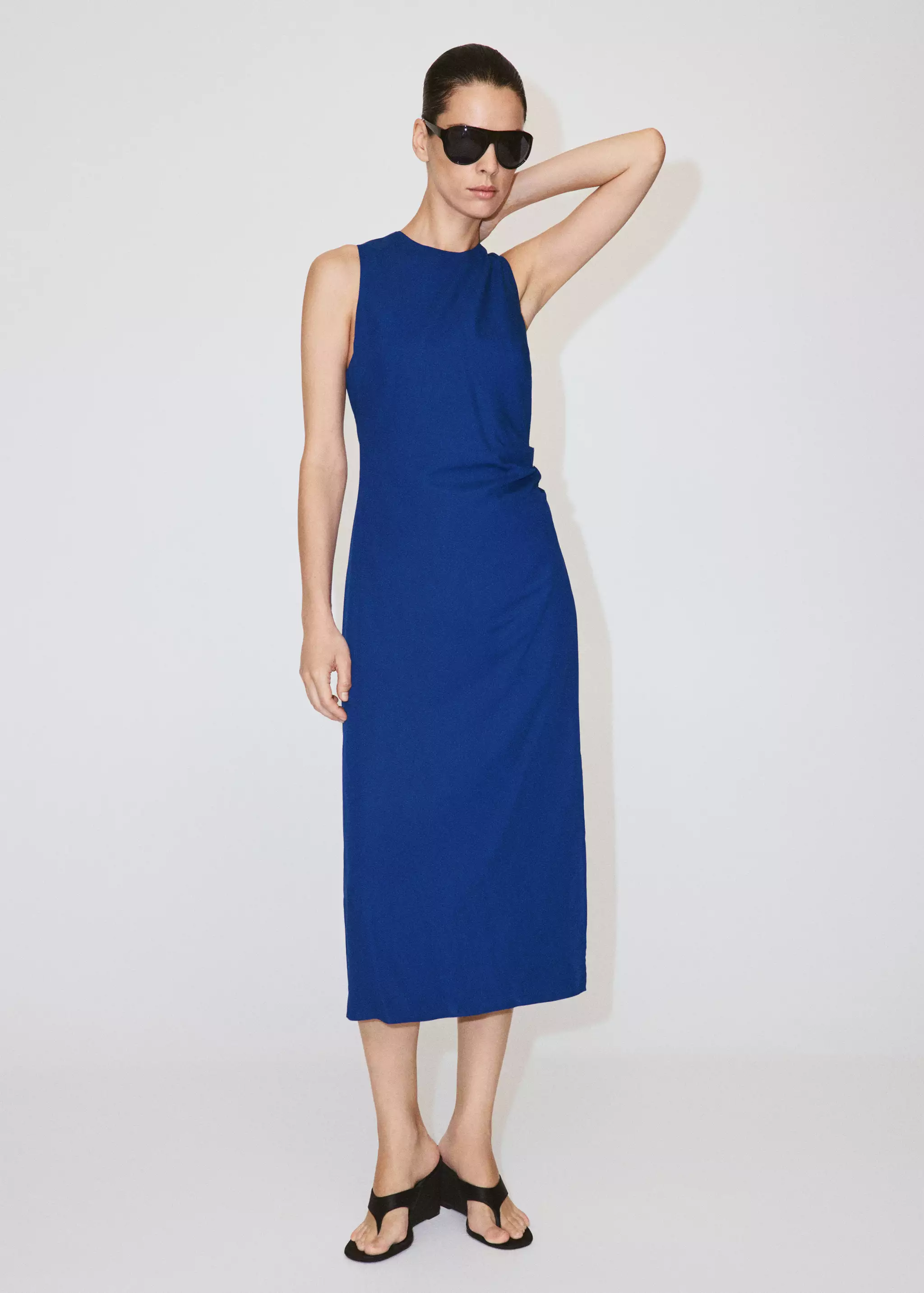 Mango Side-Ruched Tie-Detail Linen Midi Dress - Blue
