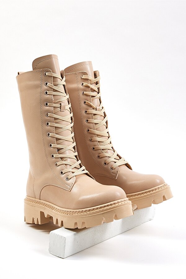Tonny Black Beige Leather Laced & Zippered Long Boot — Women's — FLO Turkey — Product image