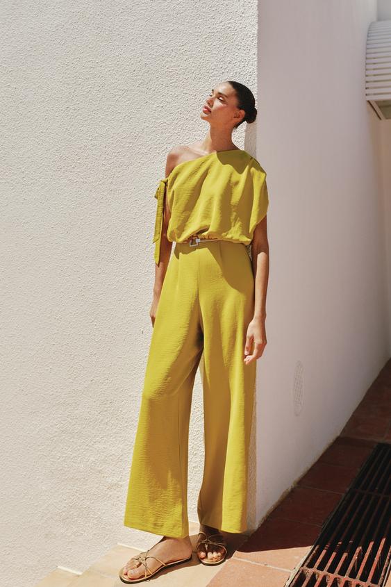 Zara Asymmetric-Sleeve Belted Jumpsuit – Olive Green