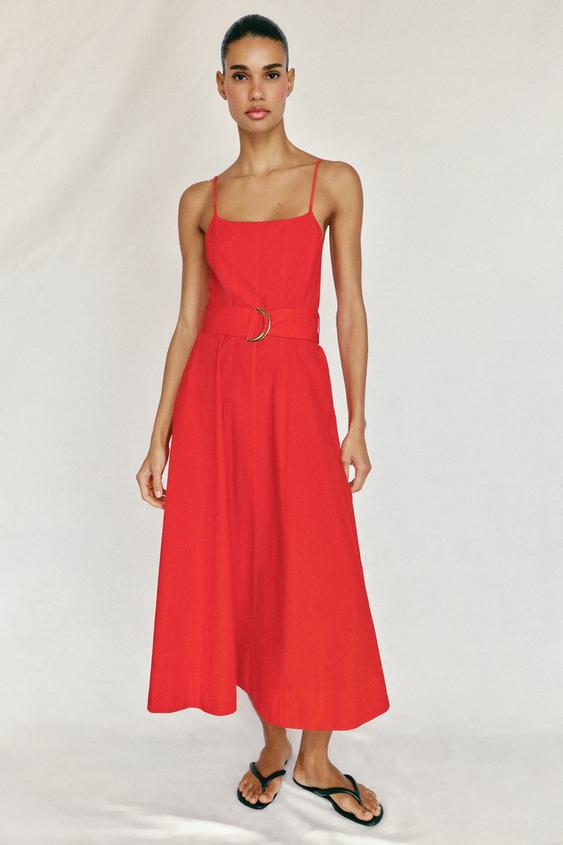 Zara Poplin Midi Dress with Belt – Red