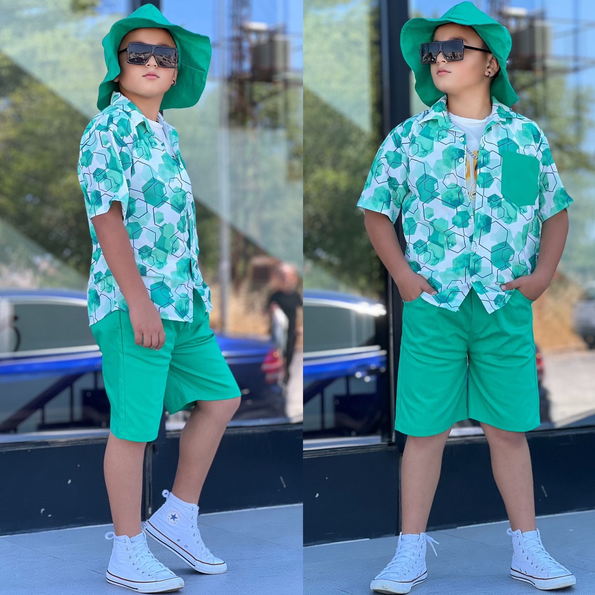 Boys' Printed Shirt, Shorts & Bucket Hat Set - Multi Color