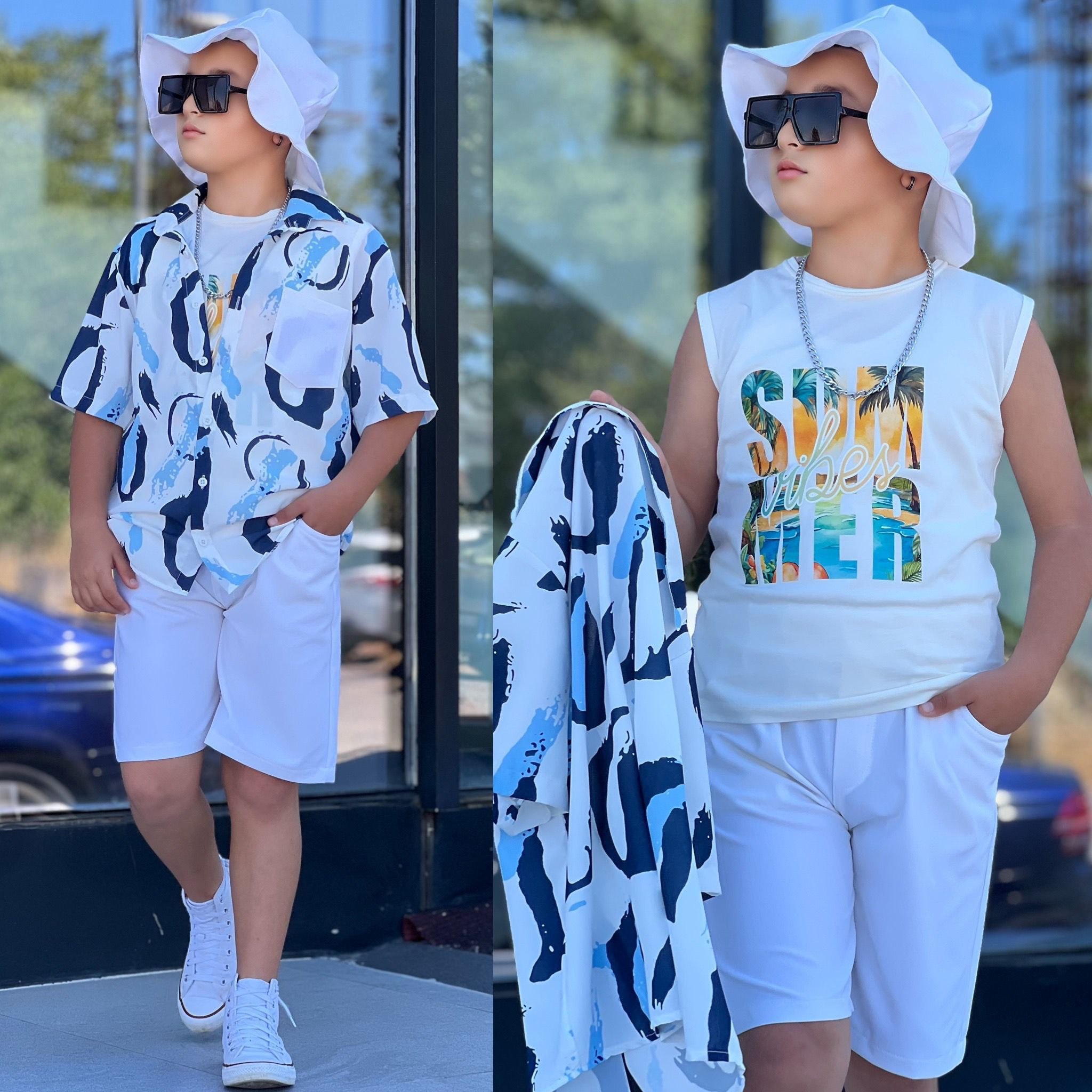 Boys' Printed Shirt, Shorts & Bucket Hat Set - Multi Color