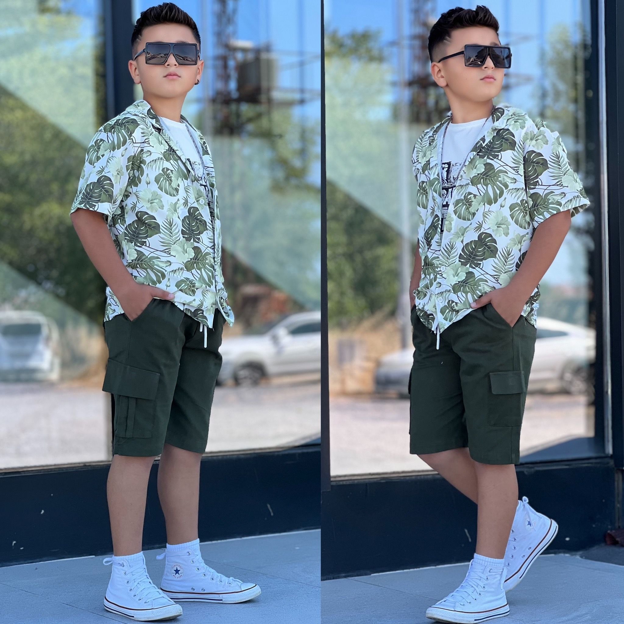 Boys' Tropical Leaf Print Shirt & Cargo Shorts Set - Multi Color — Product image