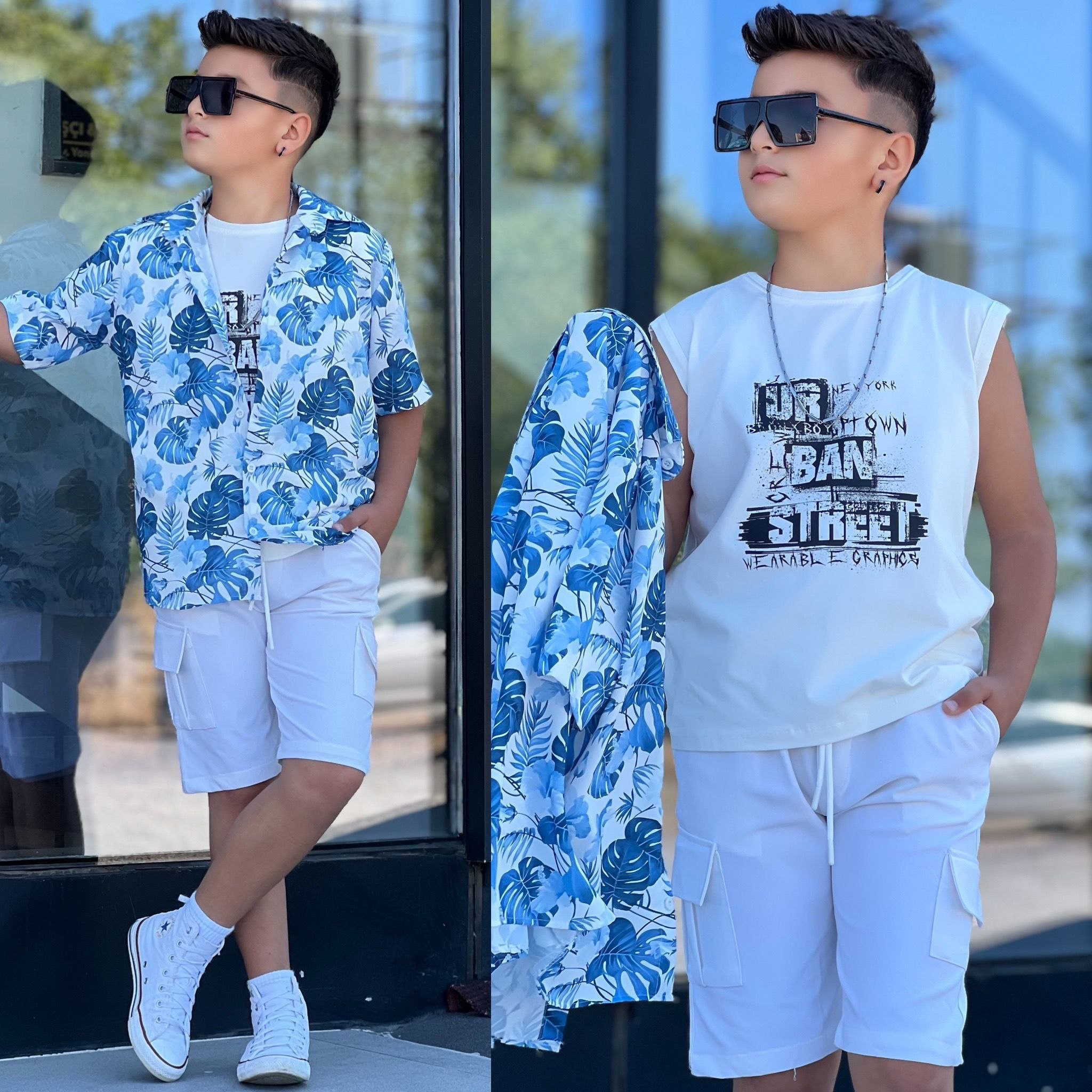 Boys' Tropical Leaf Print Shirt & Cargo Shorts Set - Multi Color