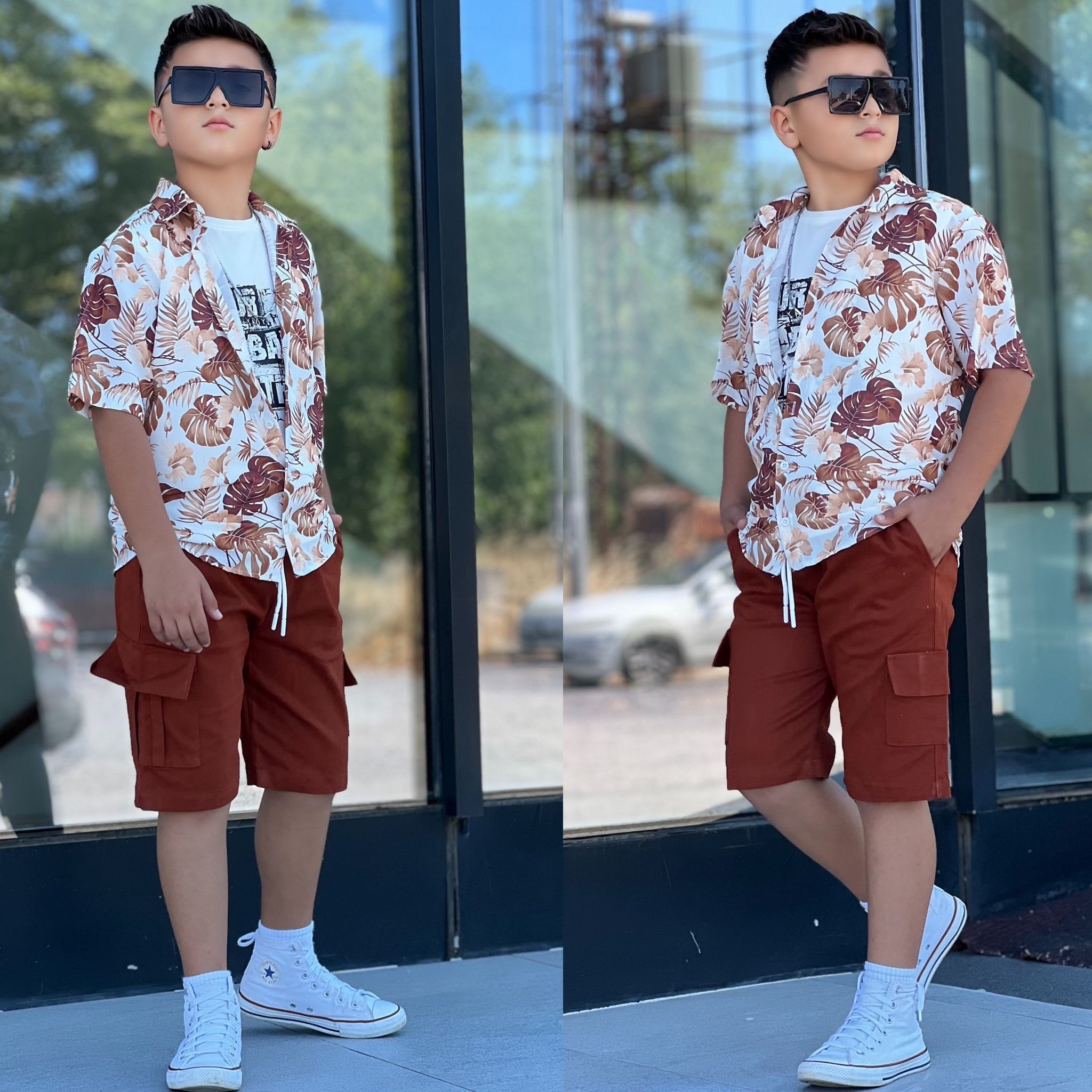 Boys' Tropical Leaf Print Shirt & Cargo Shorts Set - Multi Color