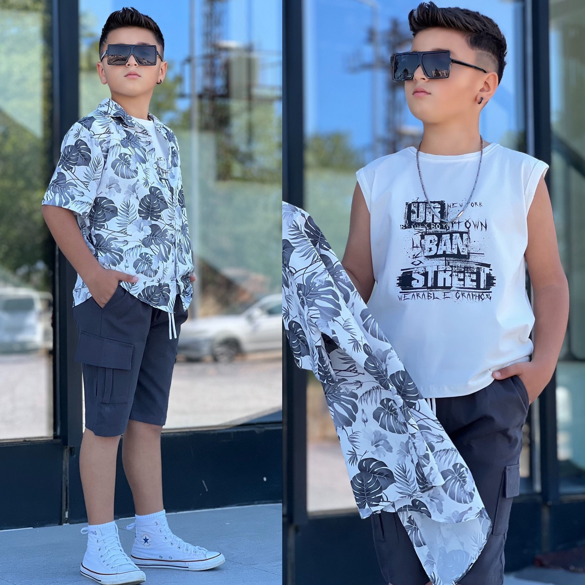 Boys' Tropical Leaf Print Shirt & Cargo Shorts Set - Multi Color