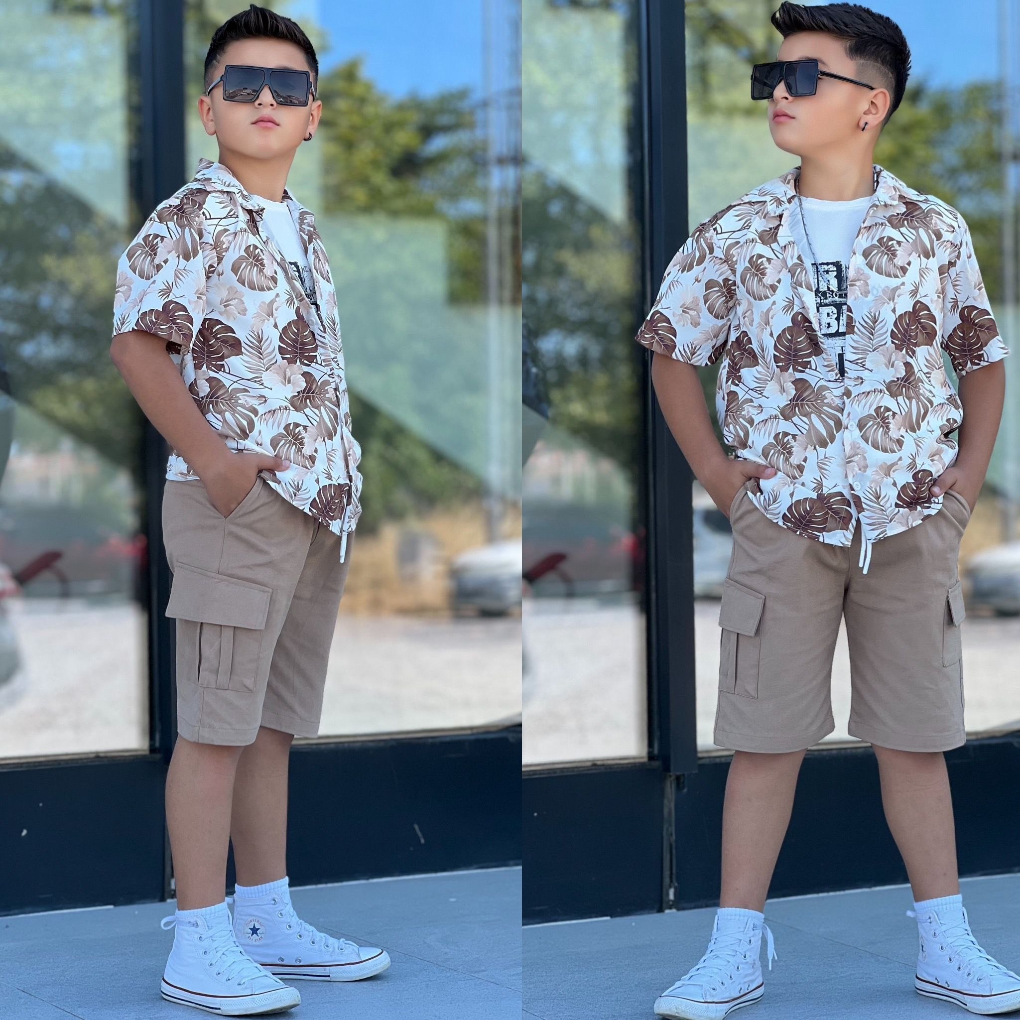 Boys' Tropical Leaf Print Shirt & Cargo Shorts Set - Multi Color