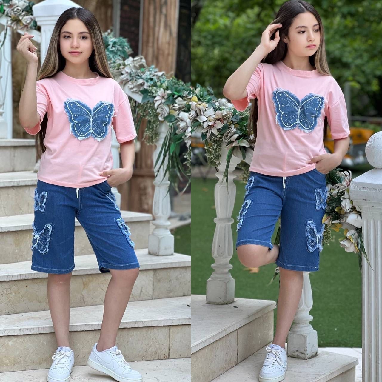 Girls Denim Butterfly T-shirt & Jean Shorts Set