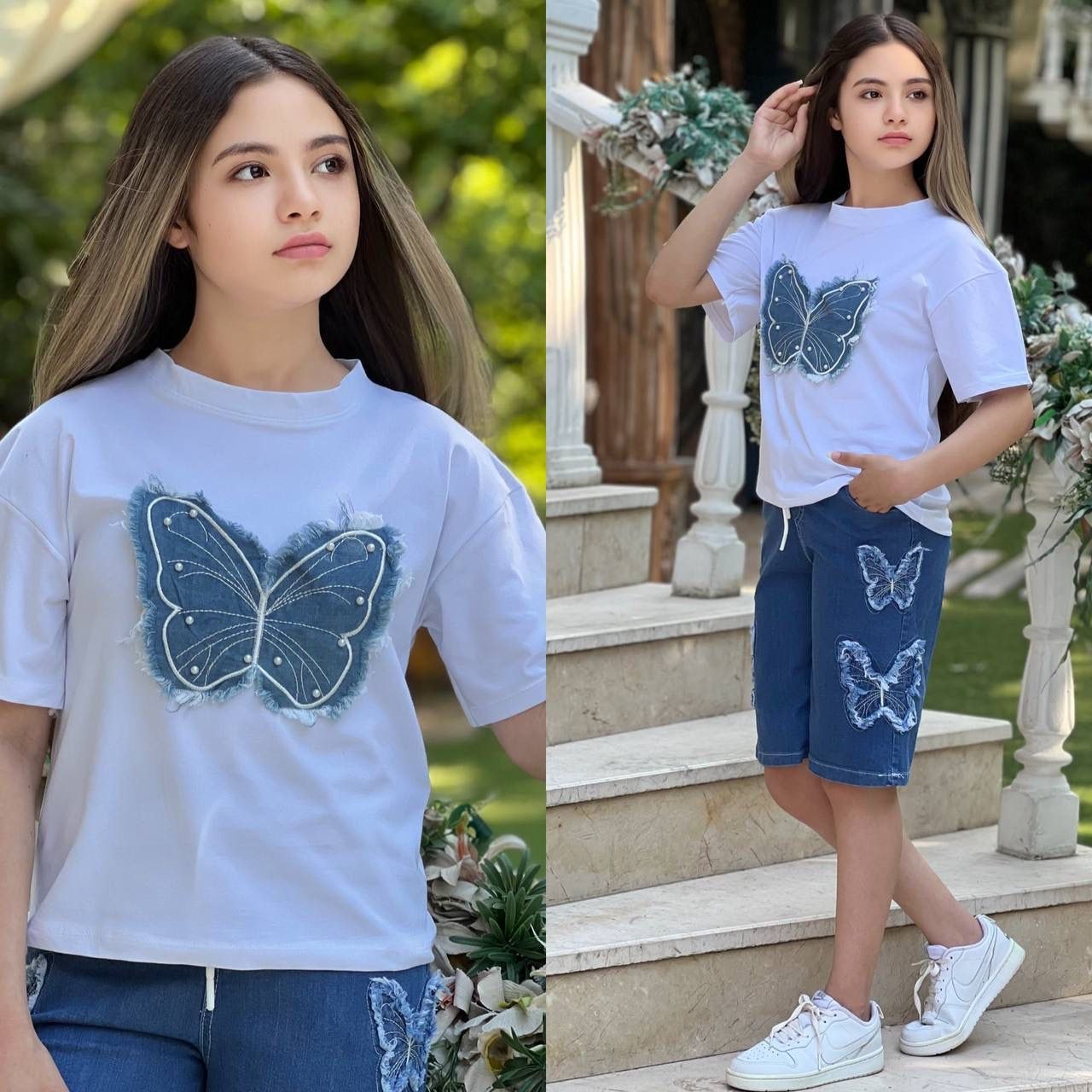 Girls Denim Butterfly T-shirt & Jean Shorts Set