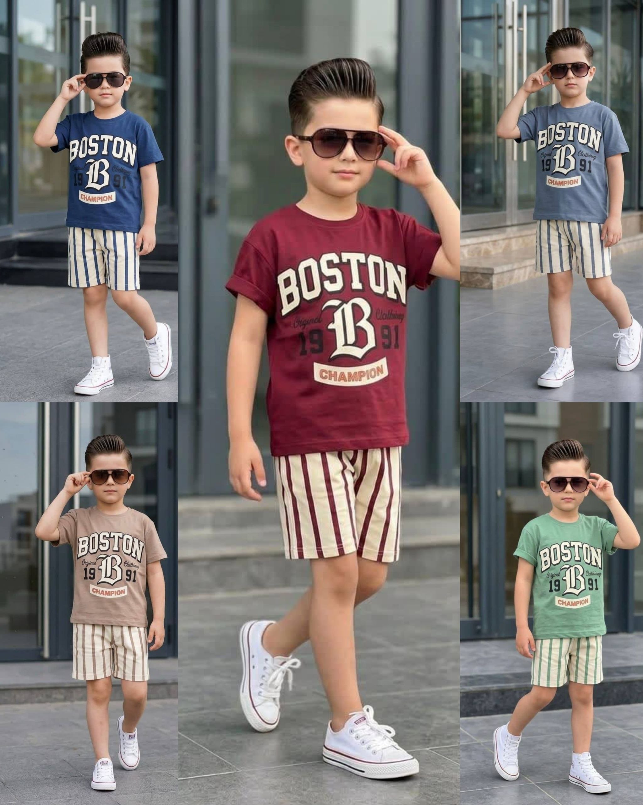 Boys' College Print T-Shirt & Striped Shorts Set - Multicolor