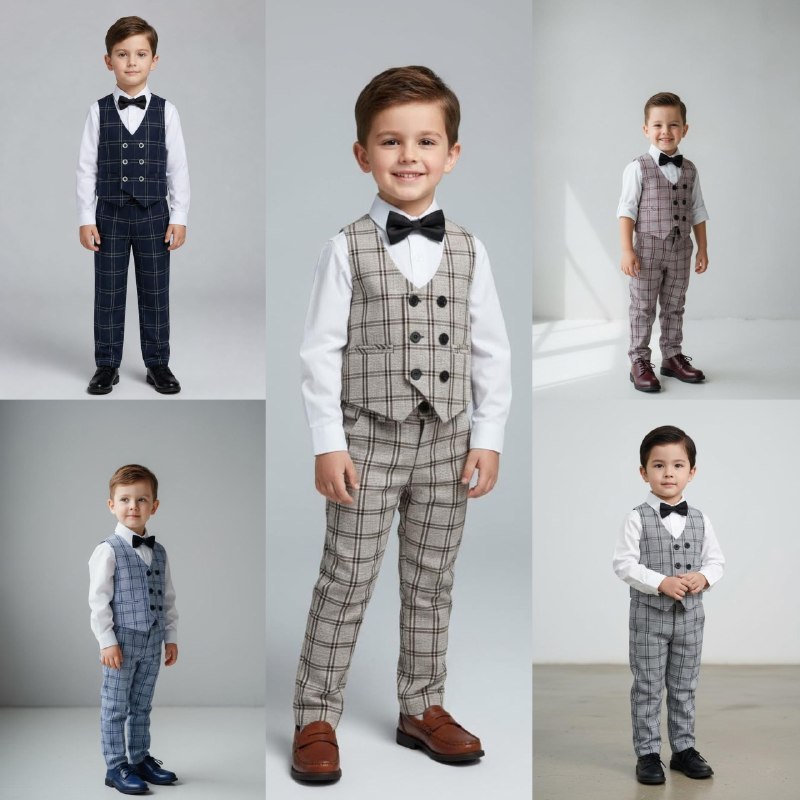Boys' Plaid Waistcoat & Trousers Suit with Shirt & Bowtie - Multicolor — Product image