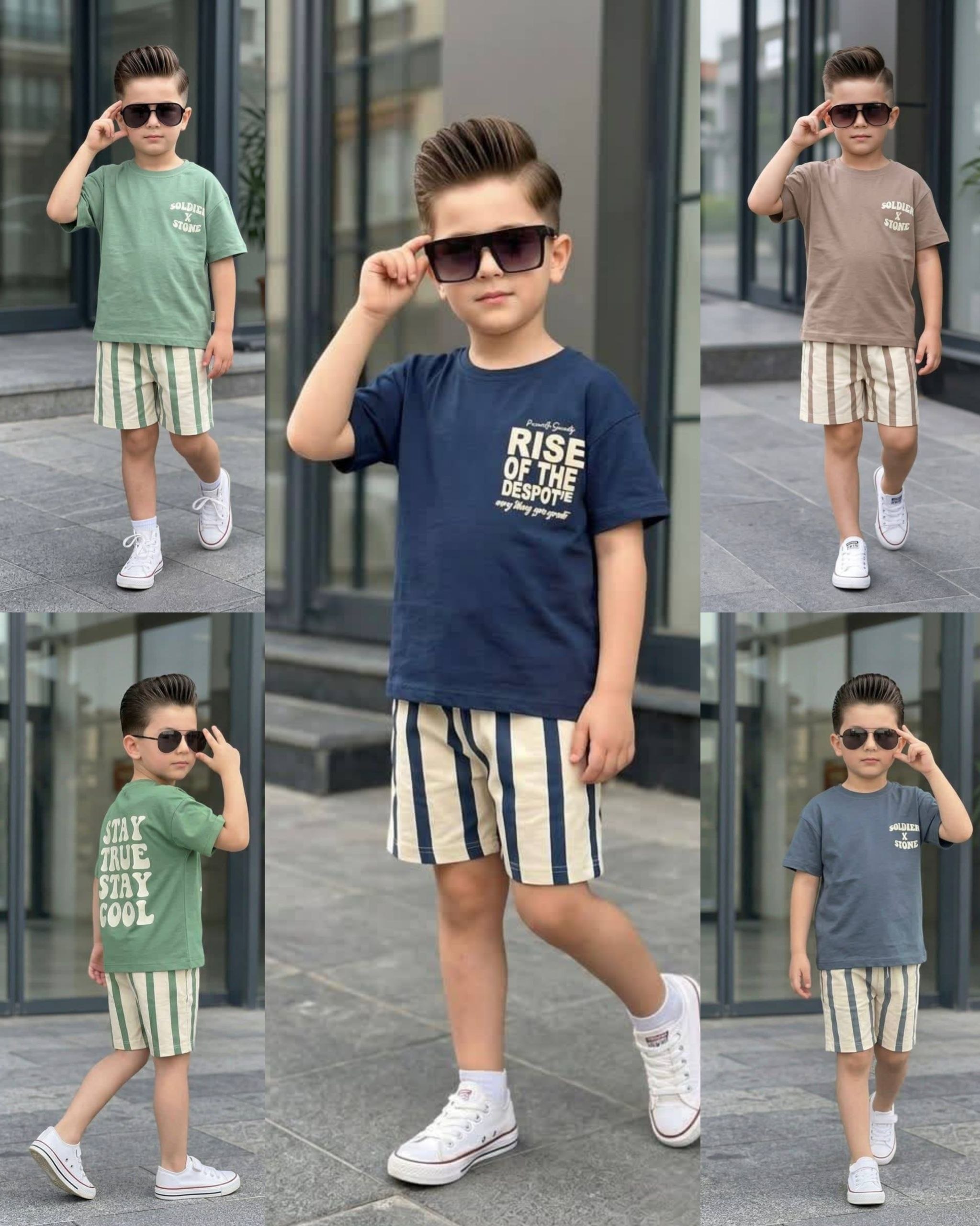 Boys' Slogan T-Shirt & Striped Shorts Set - Multicolor