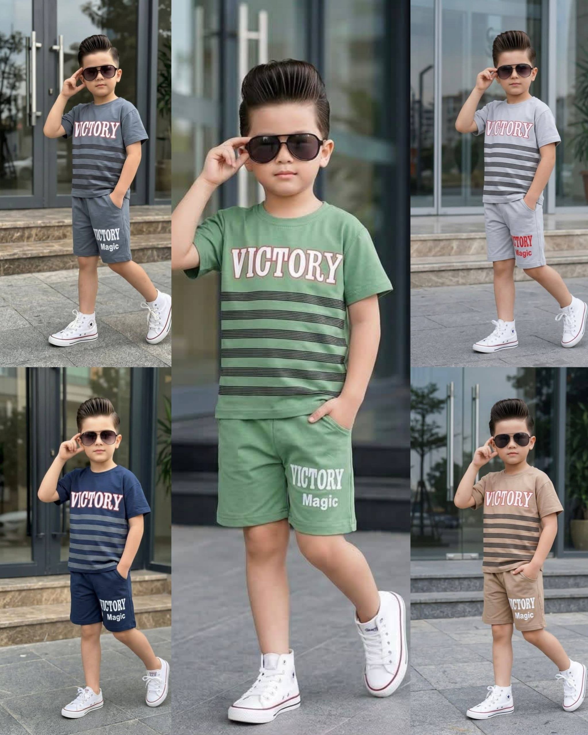 Boys' Slogan & Stripe Print T-Shirt & Shorts Set - Multicolor — Product image