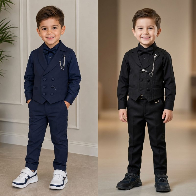 Boys' Formal Suit Set (Waistcoat + Shirt + Trousers + Bowtie) - Multicolor