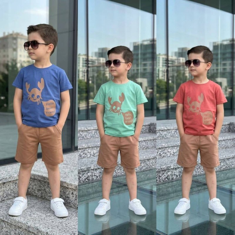 Boys' Cute Crab Print T-Shirt & Shorts Summer Set - Multicolor