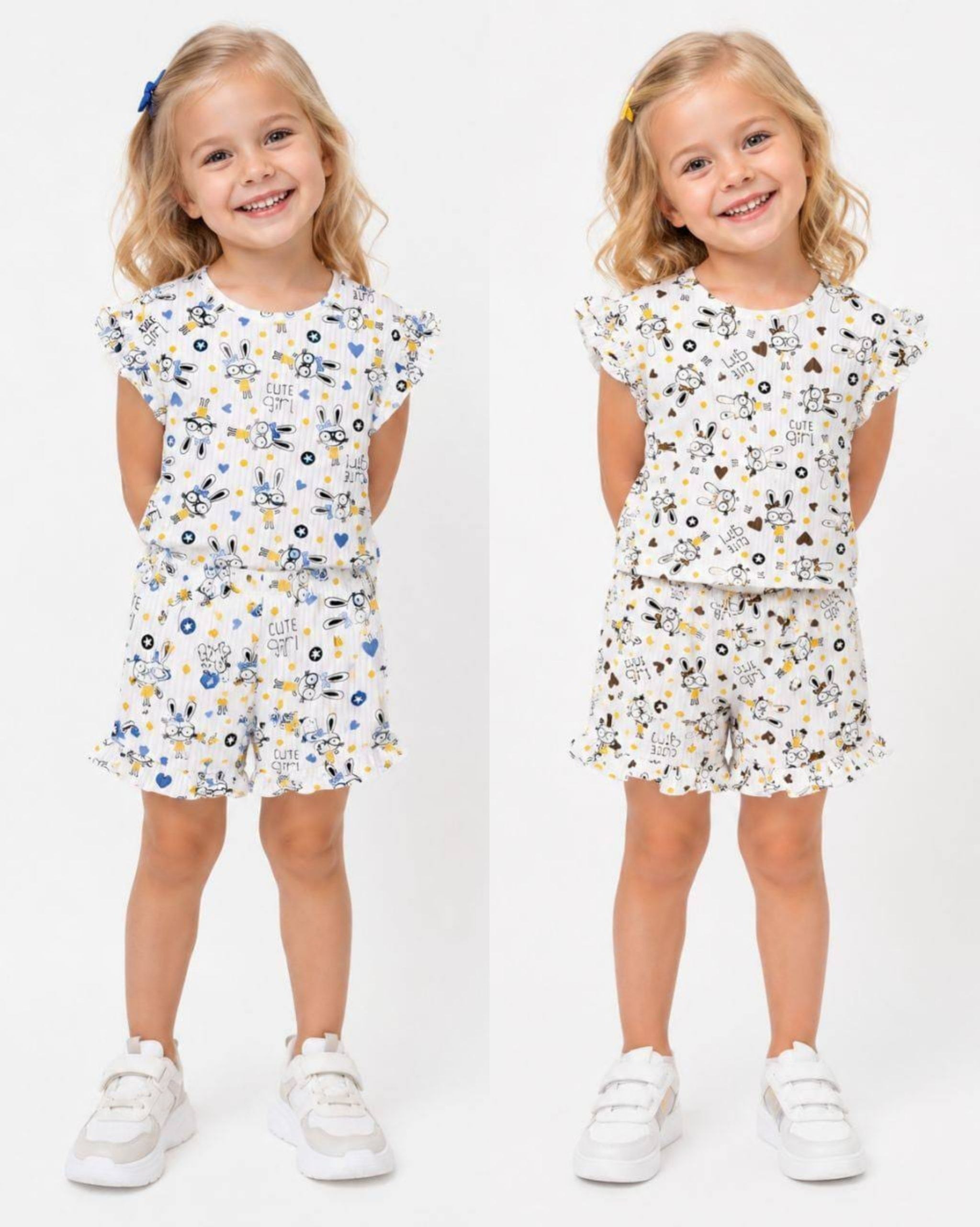 Girls' Ribbed Cute Girl Bunny Print T-Shirt & Shorts Set - Multicolor