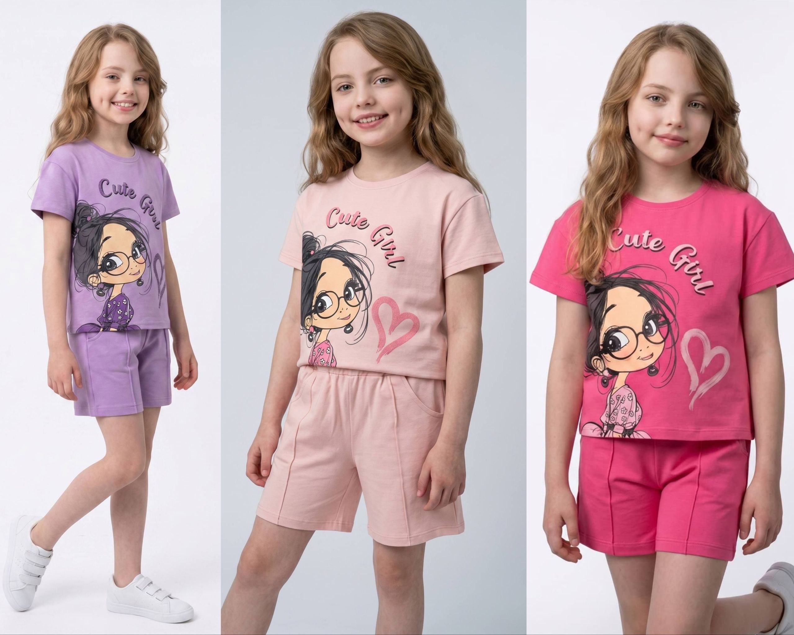 Girls' Cartoon Girl Print T-Shirt & Shorts Set - Multicolor