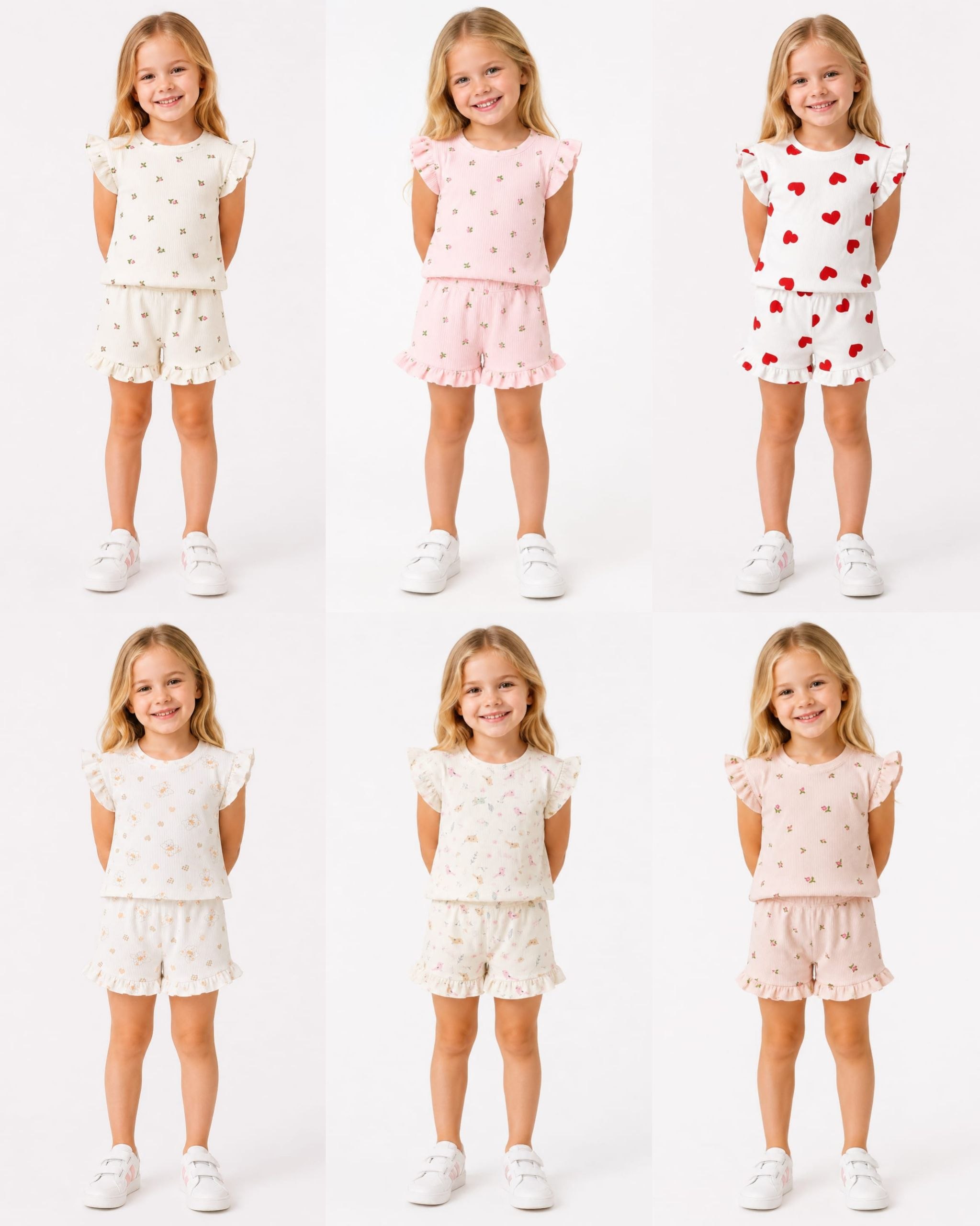 Girls' Ribbed Ruffle-Sleeve T-Shirt & Shorts Set - Delicate Floral Prints