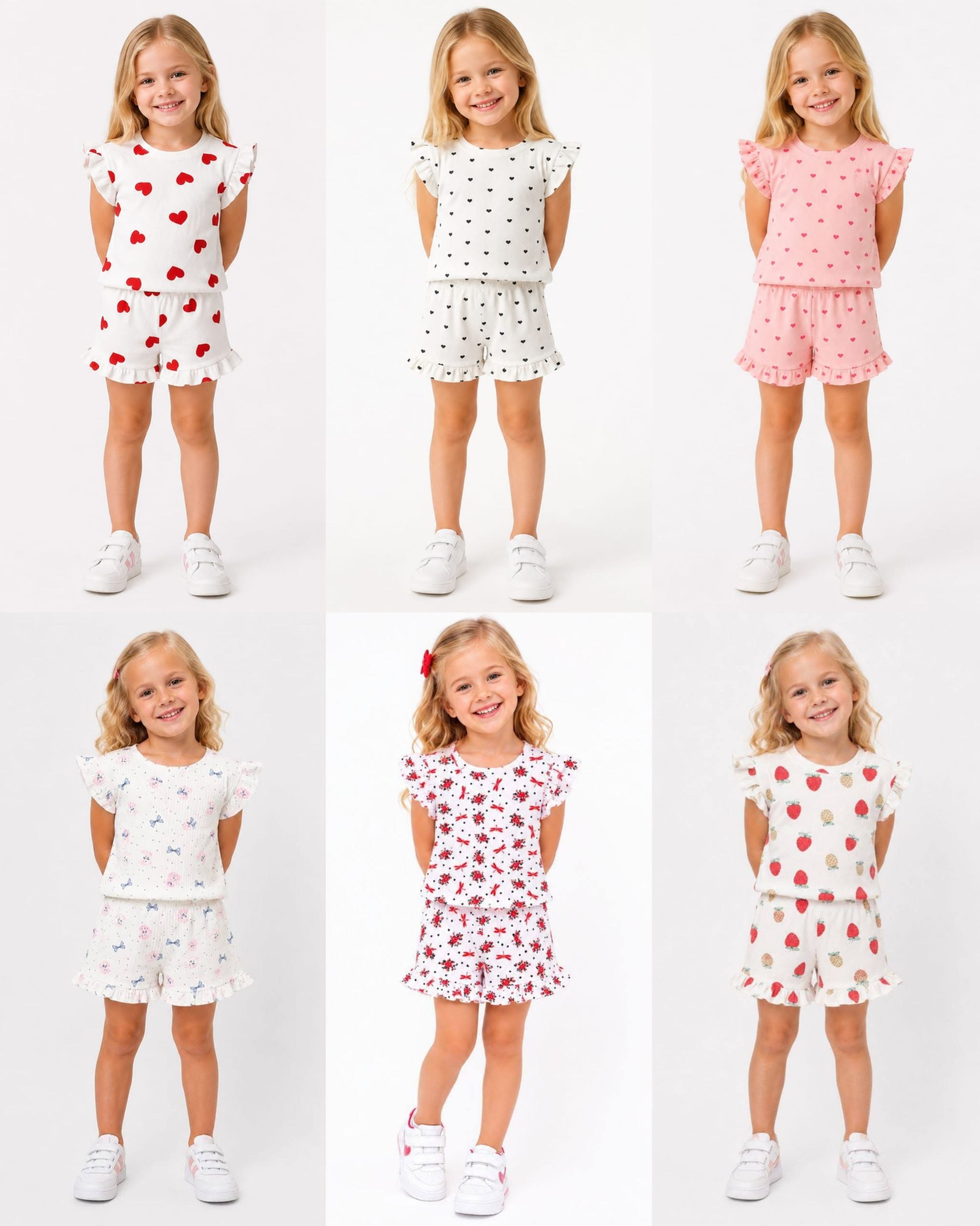 Girls' Ribbed Ruffle-Sleeve T-Shirt & Shorts Set - Assorted Prints