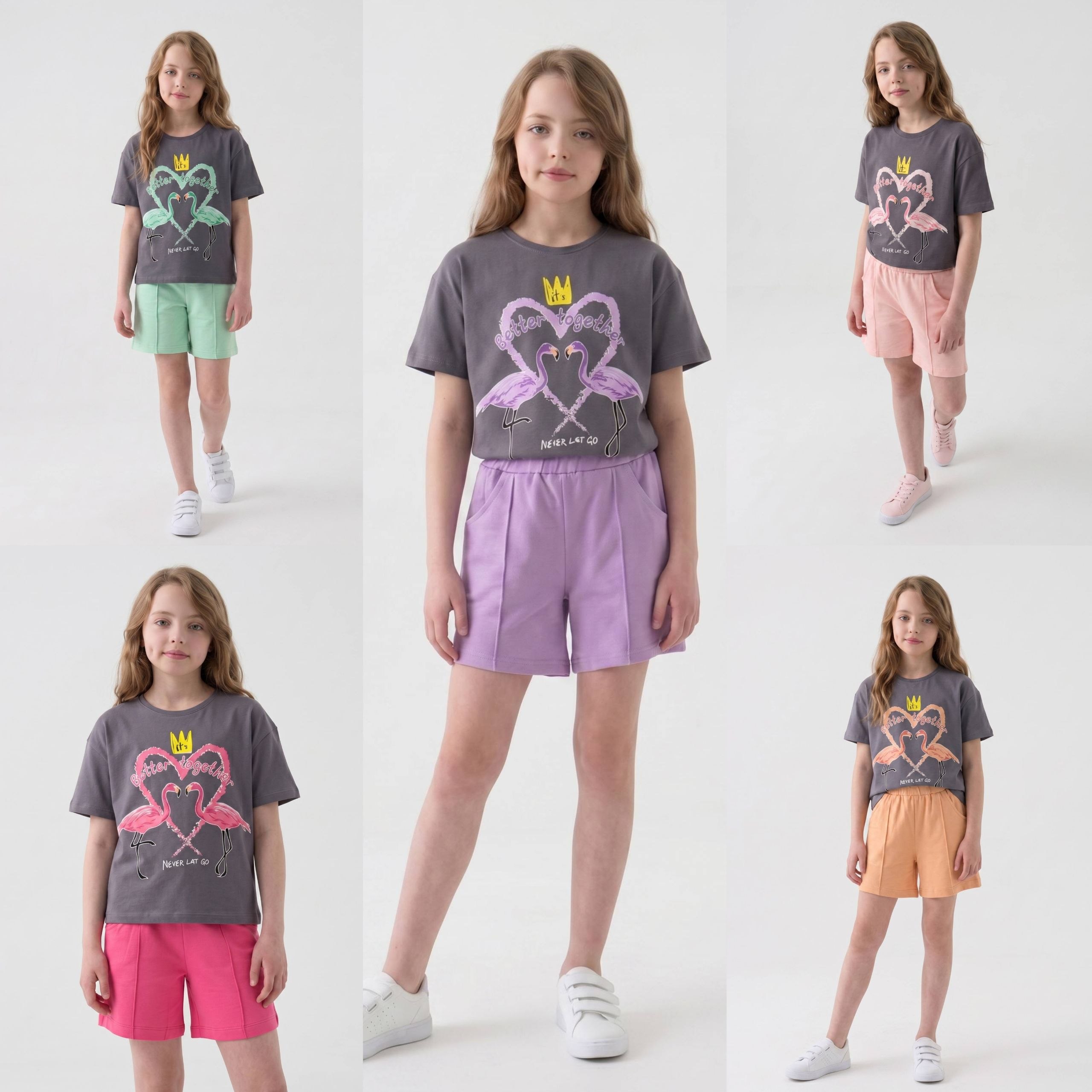 Girls' Flamingo Print T-Shirt & Shorts Set - Multicolor