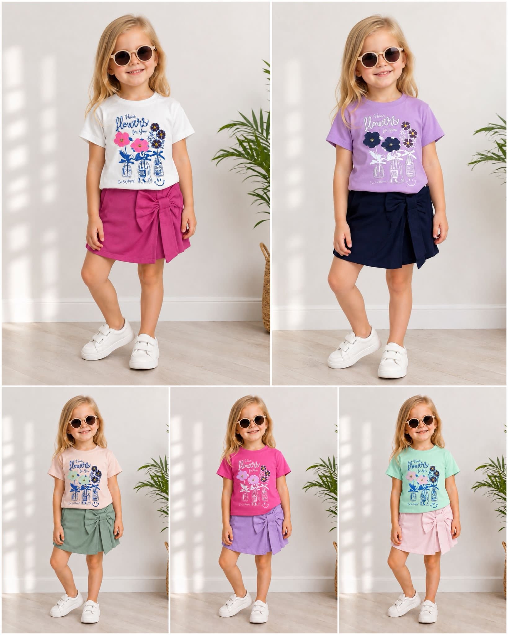 Girls' Flowers Print T-Shirt & Bow Skirt Set - Multicolor