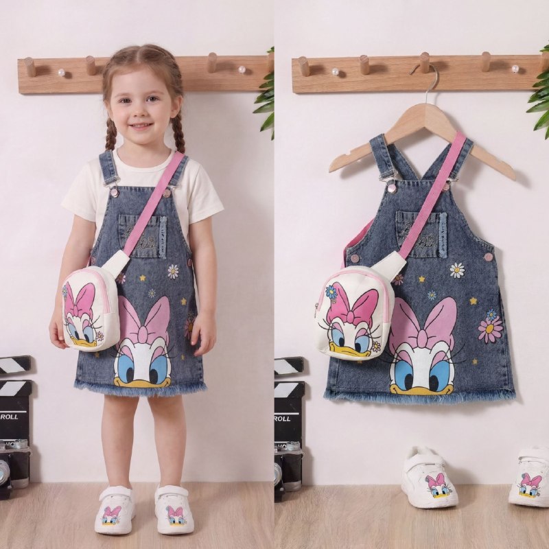 Girls' Denim Pinafore Dress with Cartoon Character Print & Bag