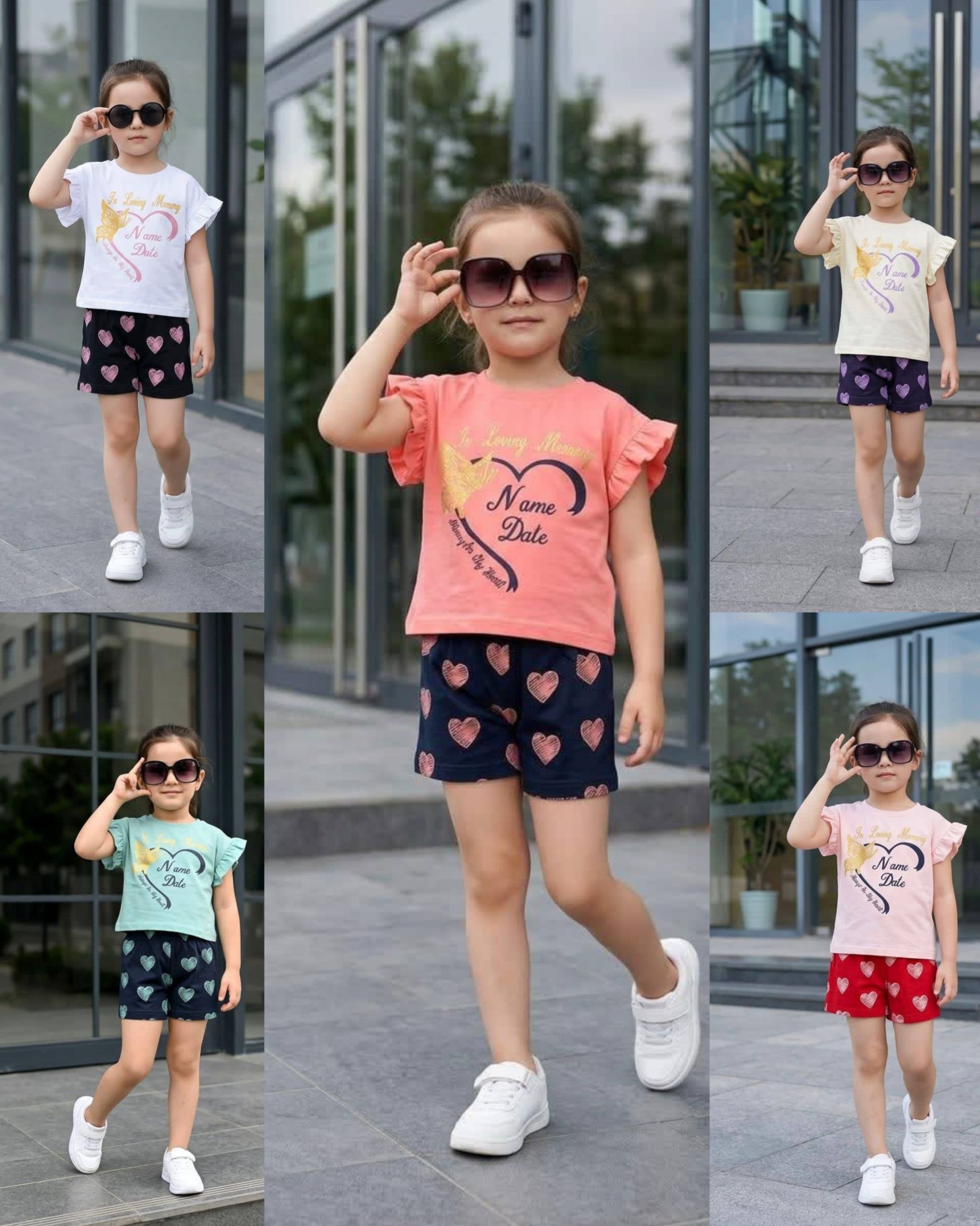 Girls' Ruffle-Sleeve T-Shirt & Heart Print Shorts Set - Multicolor