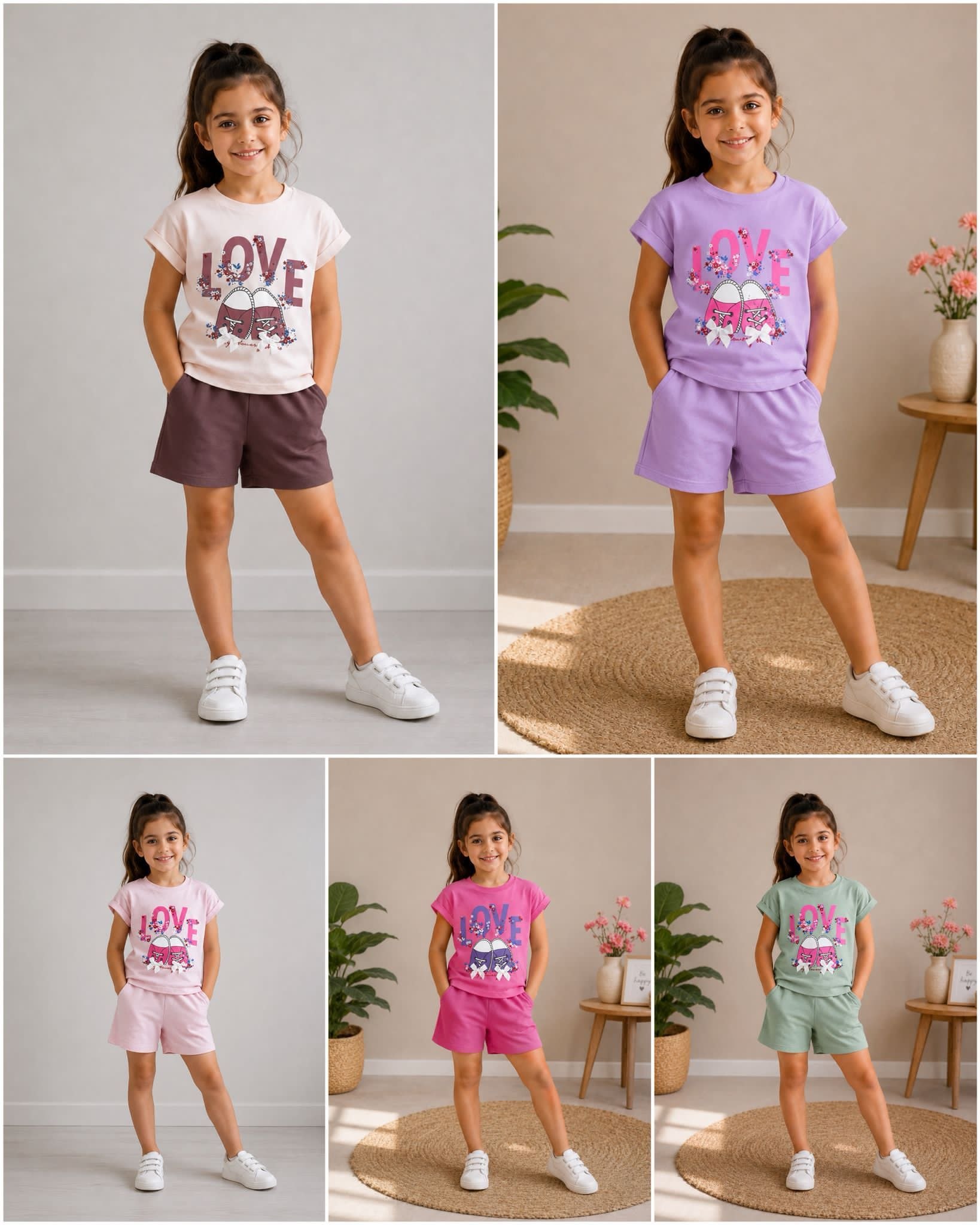 Girls' LOVE Print Summer T-Shirt & Shorts Set - Multicolor