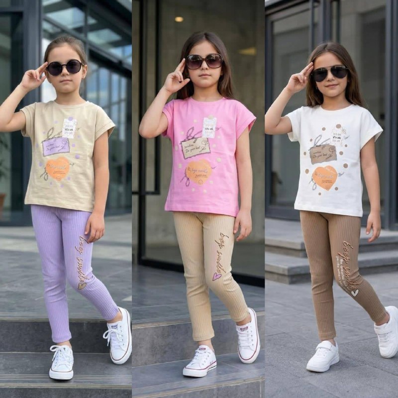 Girls' T-Shirt & Ribbed Leggings Set with Elegant Print - Multicolor