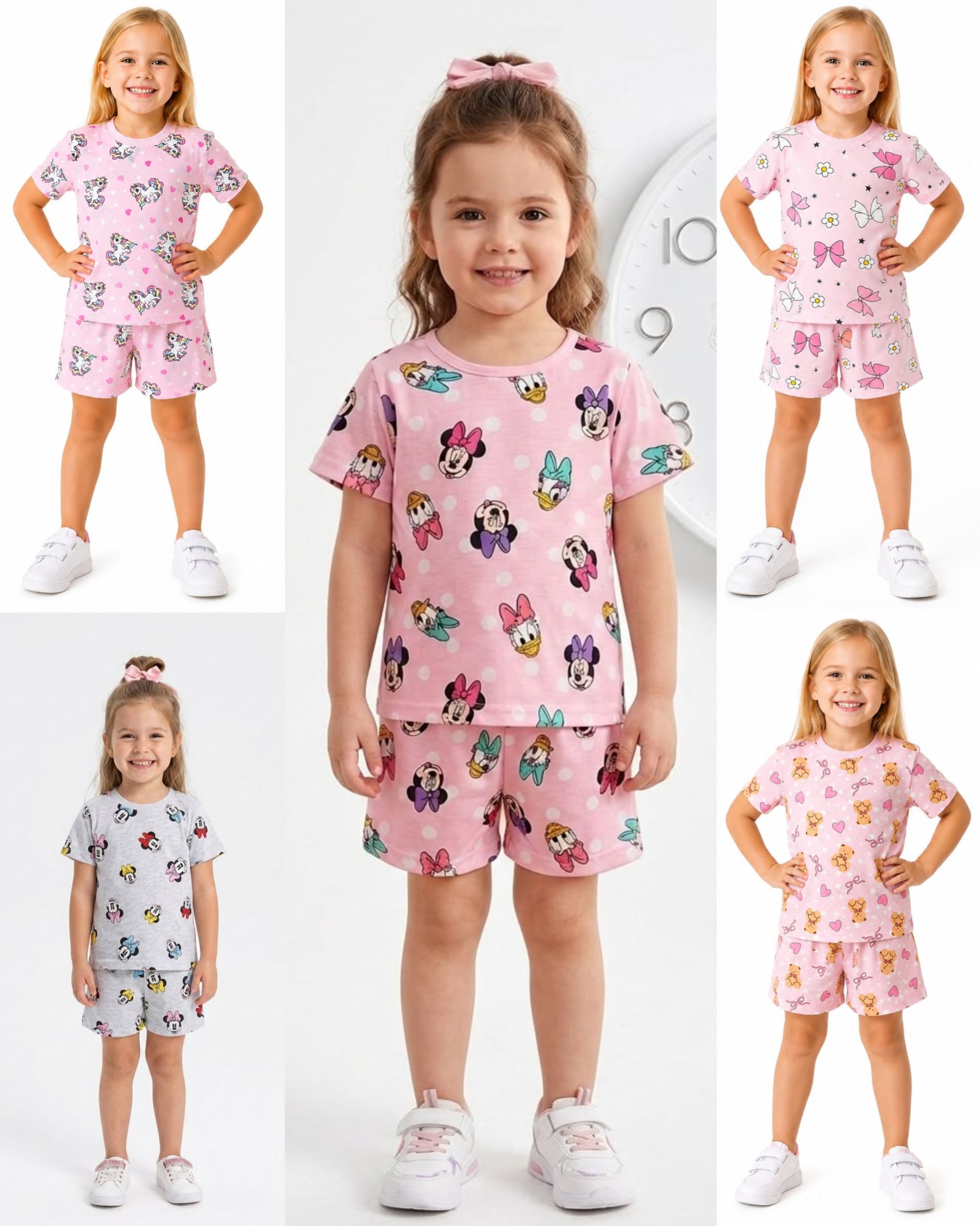 Girls' Summer T-Shirt & Shorts Set - Assorted Cute Prints